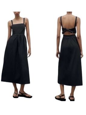 Zara Black Backless Midi Dress with Tie Bow Back White Stitching Picnic Large